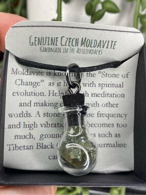 Genuine Rough  Raw Moldavite Chips  in Glass gem round fairy bottle - steel